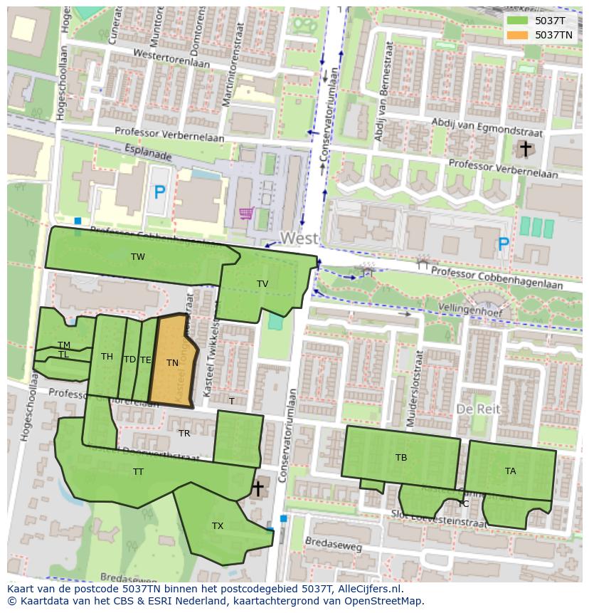 Afbeelding van het postcodegebied 5037 TN op de kaart.