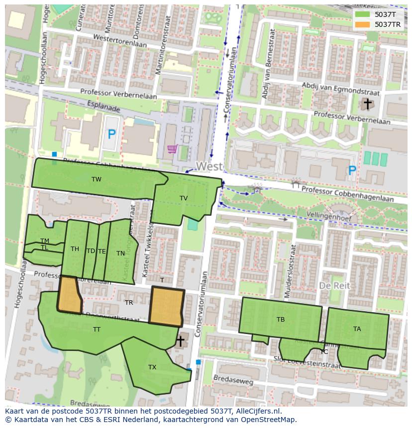 Afbeelding van het postcodegebied 5037 TR op de kaart.