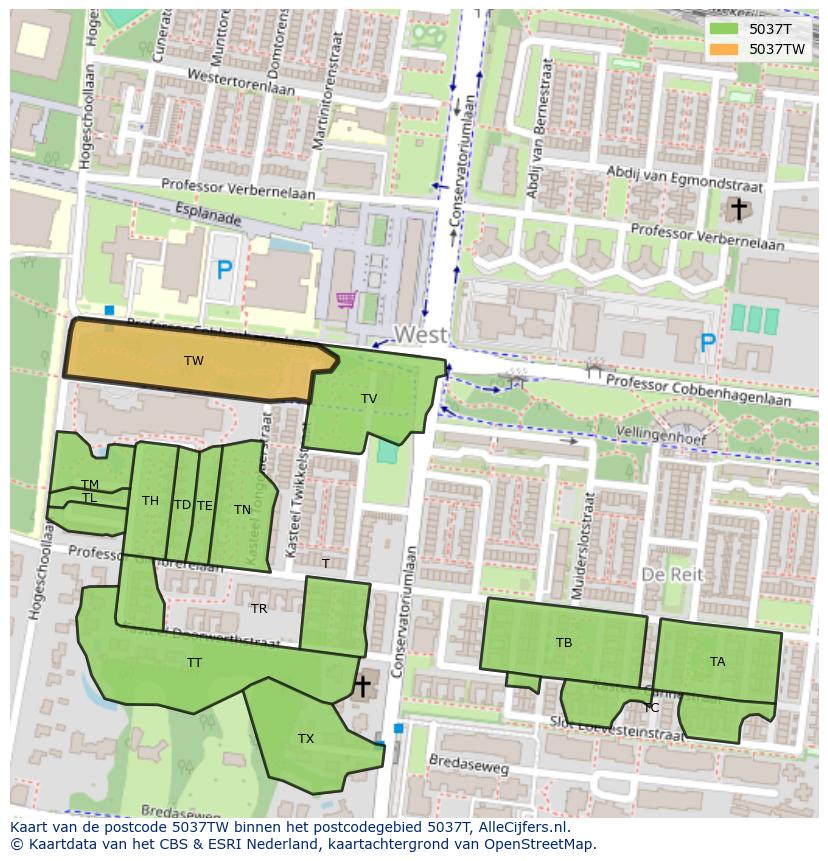Afbeelding van het postcodegebied 5037 TW op de kaart.