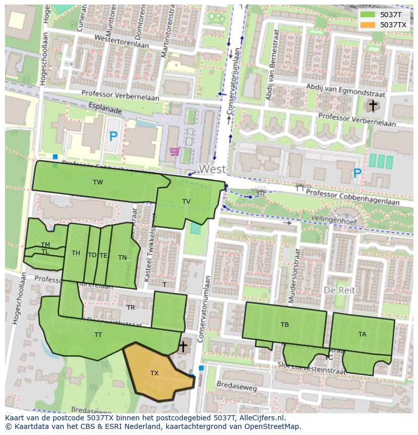 Afbeelding van het postcodegebied 5037 TX op de kaart.