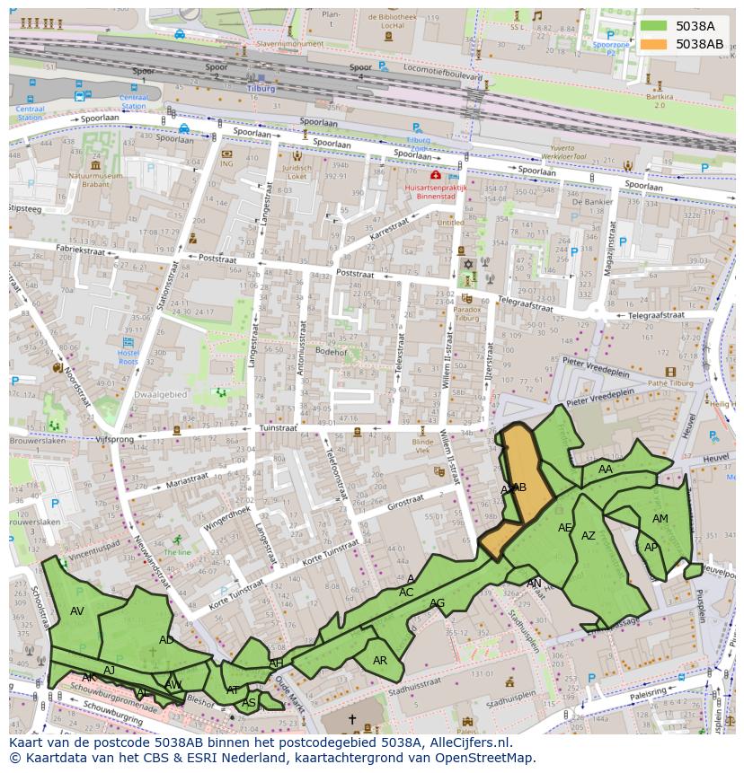 Afbeelding van het postcodegebied 5038 AB op de kaart.