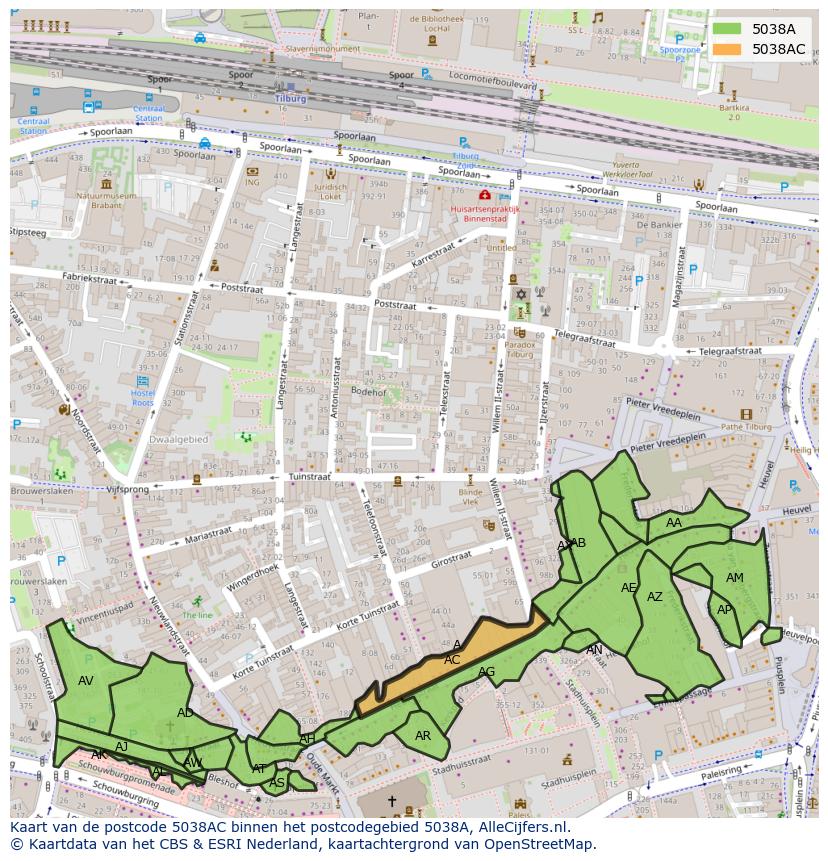 Afbeelding van het postcodegebied 5038 AC op de kaart.