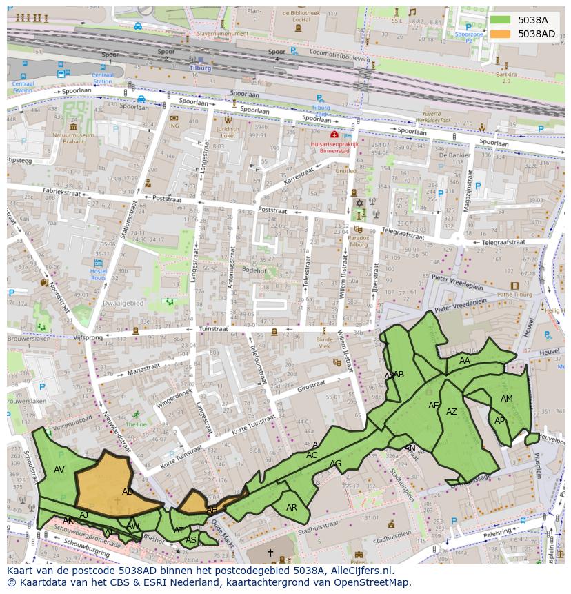 Afbeelding van het postcodegebied 5038 AD op de kaart.