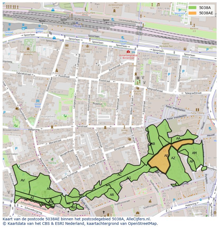 Afbeelding van het postcodegebied 5038 AE op de kaart.