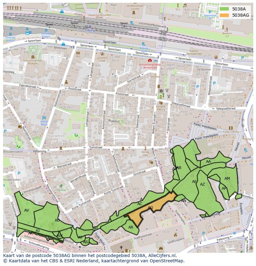 Afbeelding van het postcodegebied 5038 AG op de kaart.