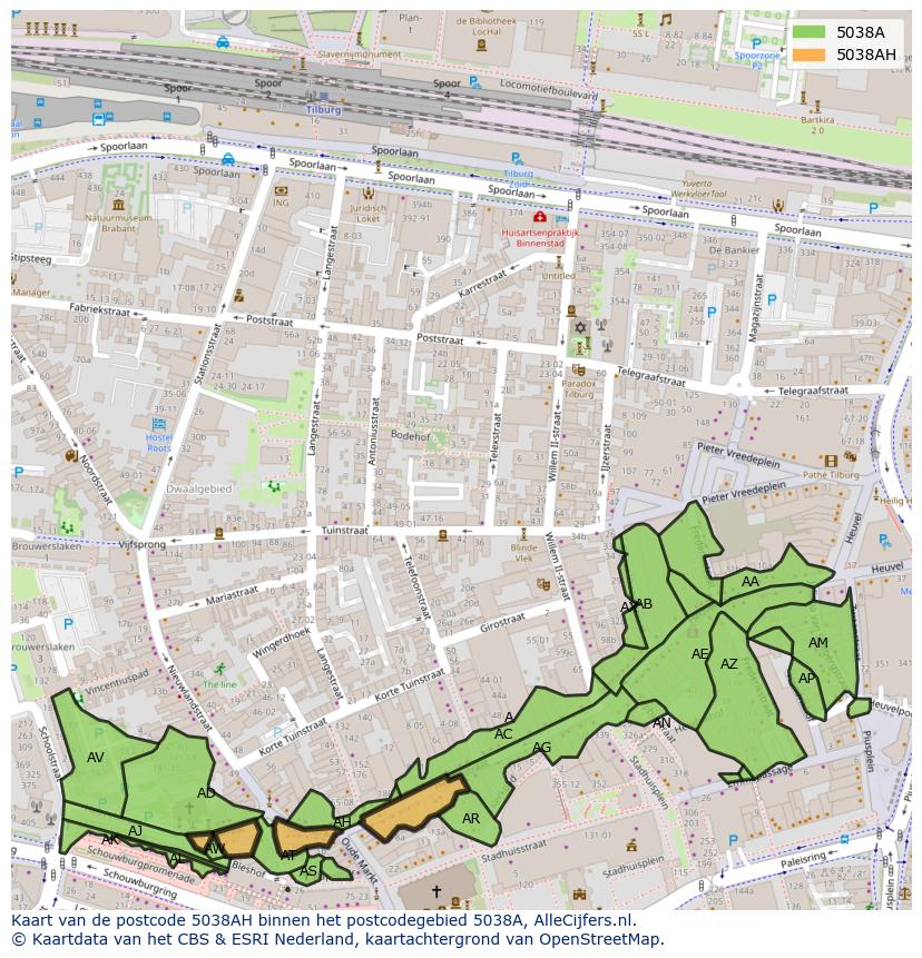 Afbeelding van het postcodegebied 5038 AH op de kaart.