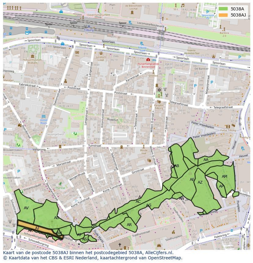 Afbeelding van het postcodegebied 5038 AJ op de kaart.