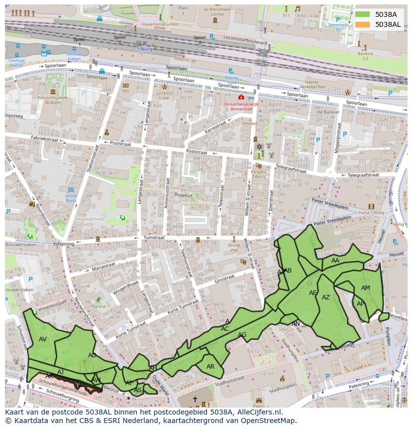 Afbeelding van het postcodegebied 5038 AL op de kaart.