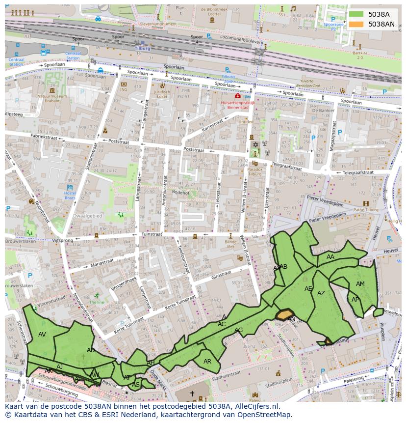 Afbeelding van het postcodegebied 5038 AN op de kaart.