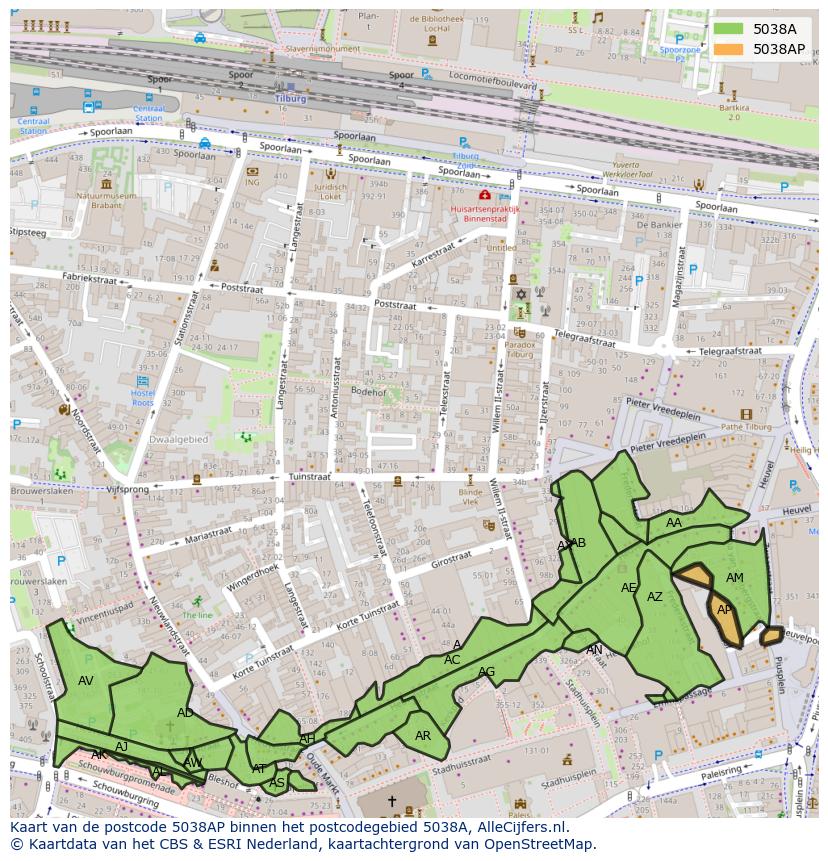 Afbeelding van het postcodegebied 5038 AP op de kaart.