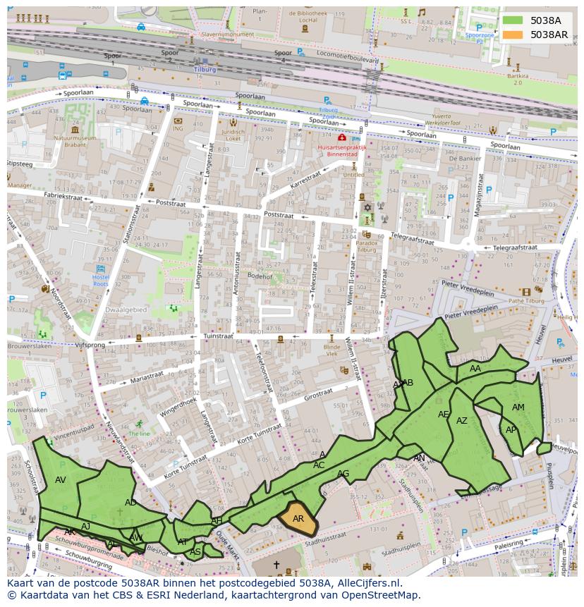 Afbeelding van het postcodegebied 5038 AR op de kaart.