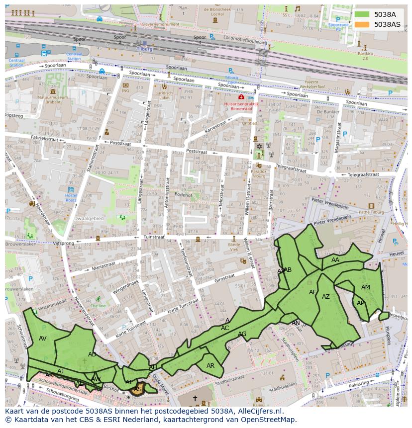 Afbeelding van het postcodegebied 5038 AS op de kaart.