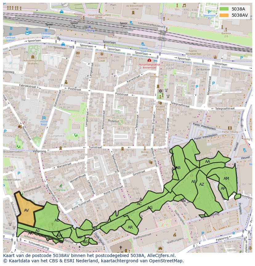 Afbeelding van het postcodegebied 5038 AV op de kaart.