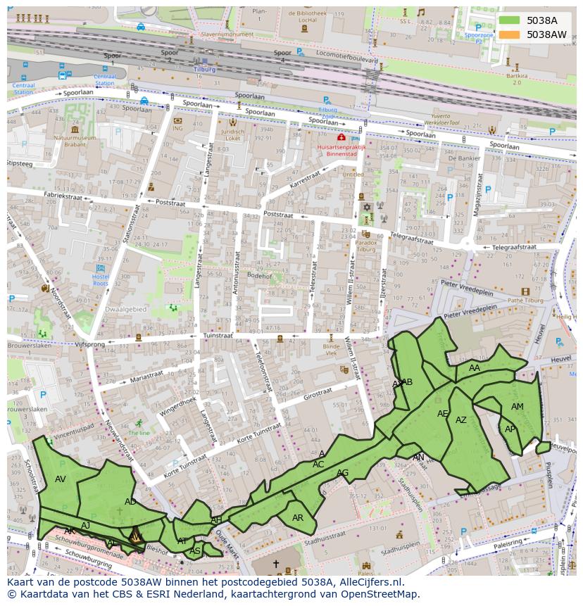 Afbeelding van het postcodegebied 5038 AW op de kaart.