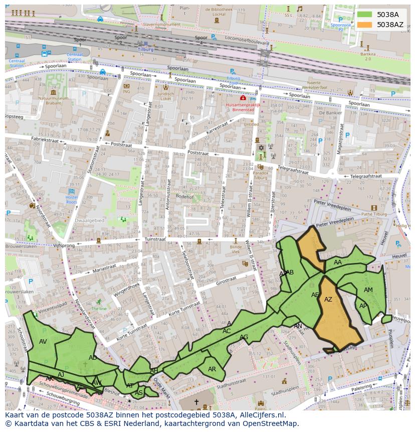 Afbeelding van het postcodegebied 5038 AZ op de kaart.