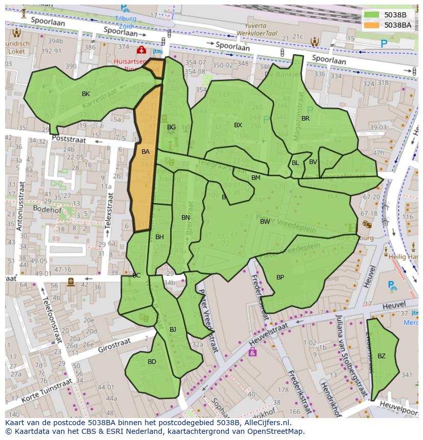 Afbeelding van het postcodegebied 5038 BA op de kaart.