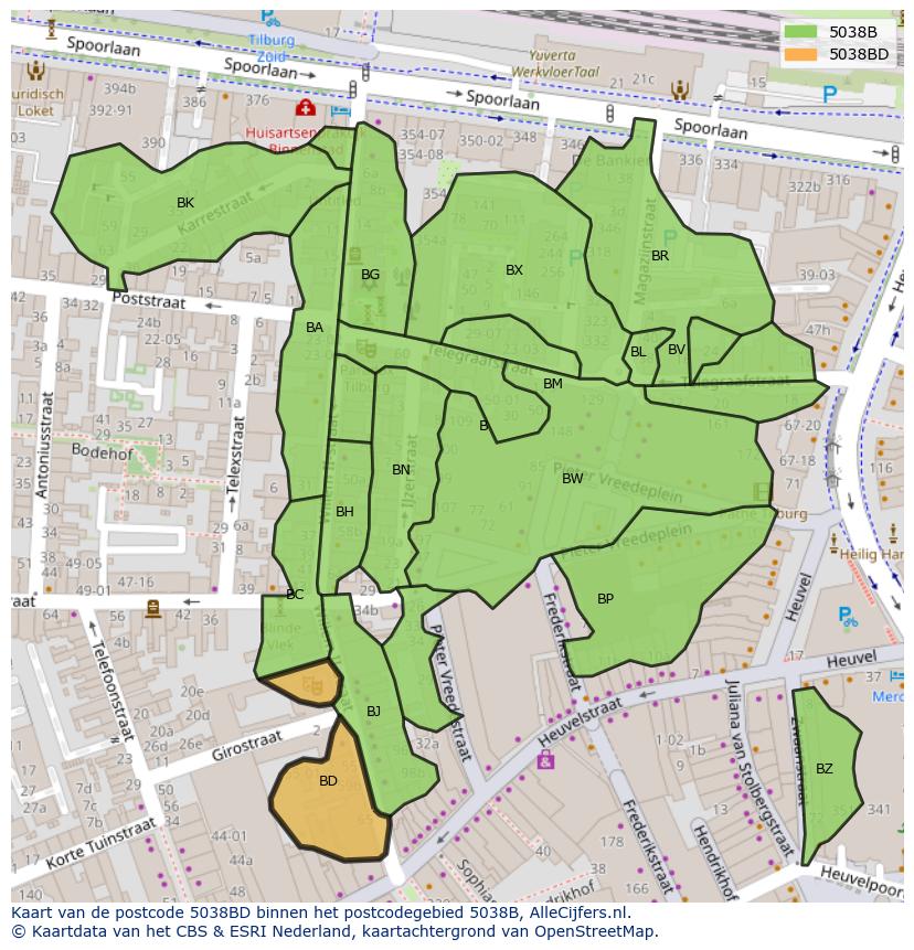 Afbeelding van het postcodegebied 5038 BD op de kaart.