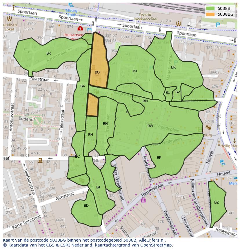 Afbeelding van het postcodegebied 5038 BG op de kaart.