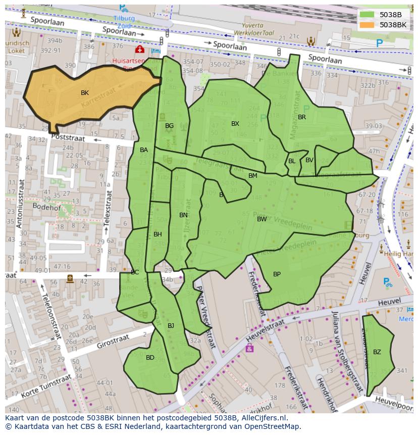 Afbeelding van het postcodegebied 5038 BK op de kaart.