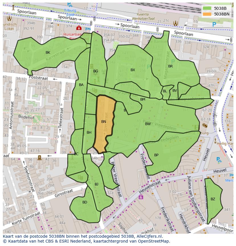 Afbeelding van het postcodegebied 5038 BN op de kaart.