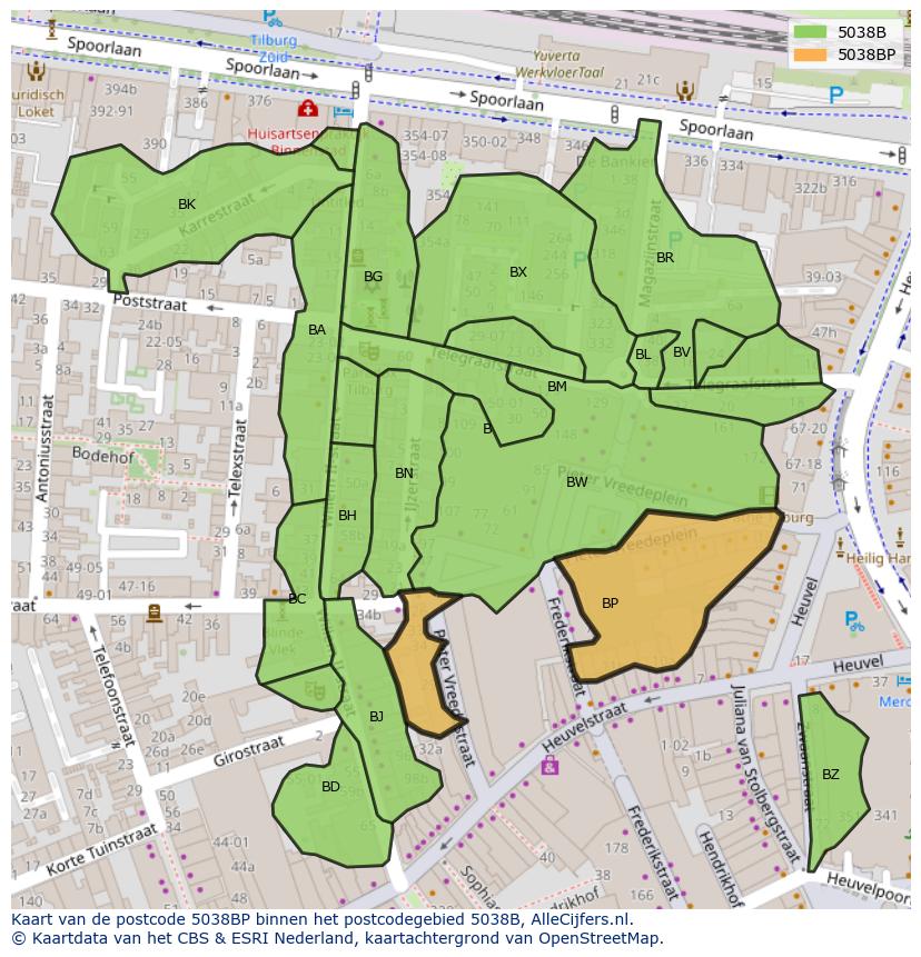 Afbeelding van het postcodegebied 5038 BP op de kaart.