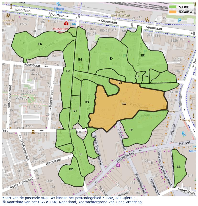 Afbeelding van het postcodegebied 5038 BW op de kaart.