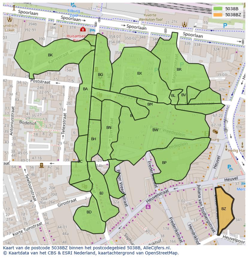 Afbeelding van het postcodegebied 5038 BZ op de kaart.