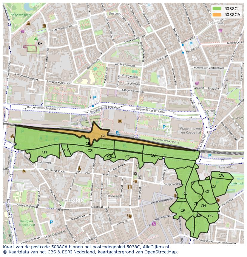 Afbeelding van het postcodegebied 5038 CA op de kaart.
