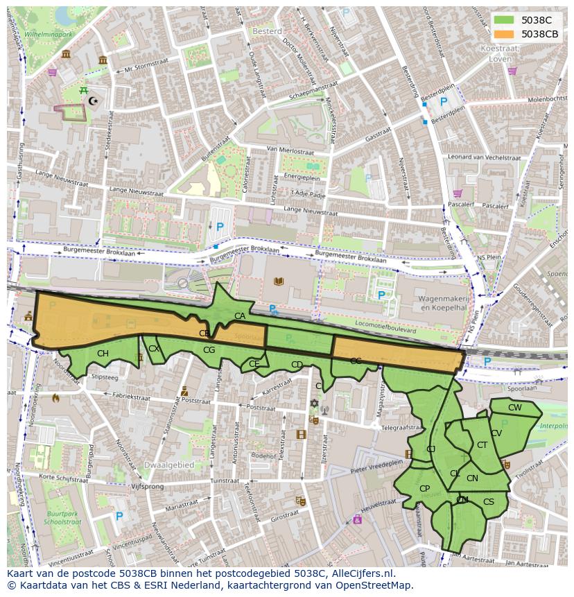 Afbeelding van het postcodegebied 5038 CB op de kaart.
