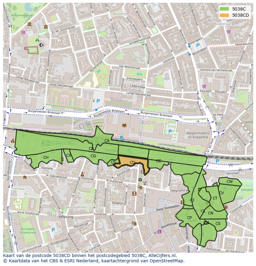 Afbeelding van het postcodegebied 5038 CD op de kaart.