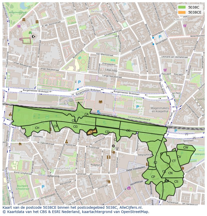 Afbeelding van het postcodegebied 5038 CE op de kaart.