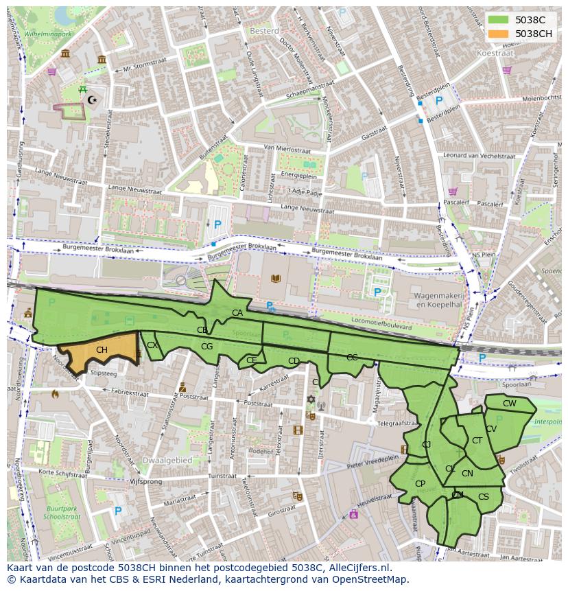 Afbeelding van het postcodegebied 5038 CH op de kaart.