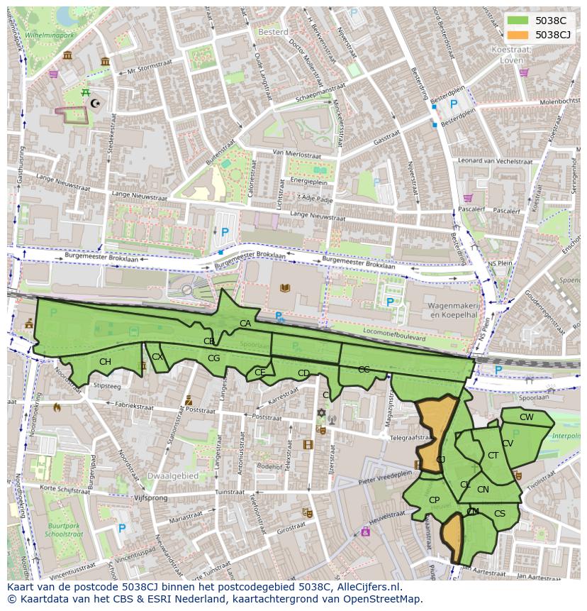 Afbeelding van het postcodegebied 5038 CJ op de kaart.