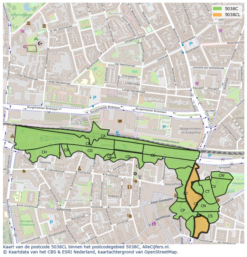 Afbeelding van het postcodegebied 5038 CL op de kaart.