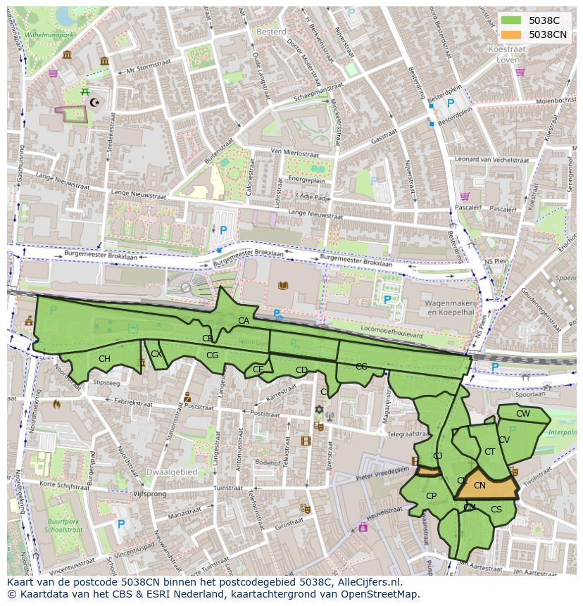 Afbeelding van het postcodegebied 5038 CN op de kaart.