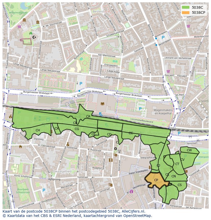 Afbeelding van het postcodegebied 5038 CP op de kaart.