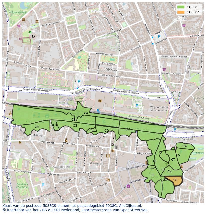 Afbeelding van het postcodegebied 5038 CS op de kaart.