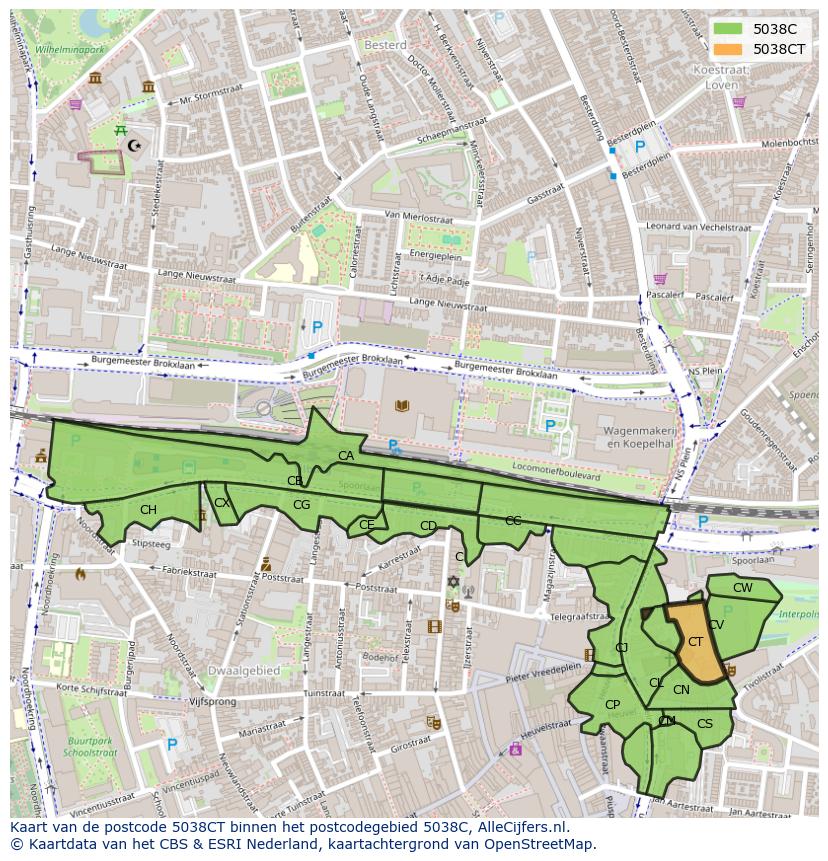 Afbeelding van het postcodegebied 5038 CT op de kaart.
