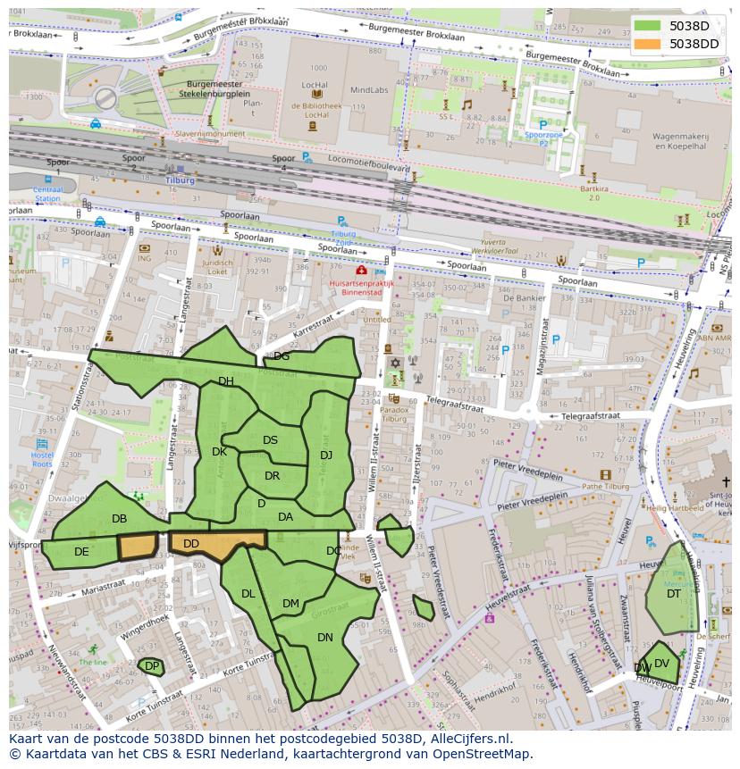 Afbeelding van het postcodegebied 5038 DD op de kaart.