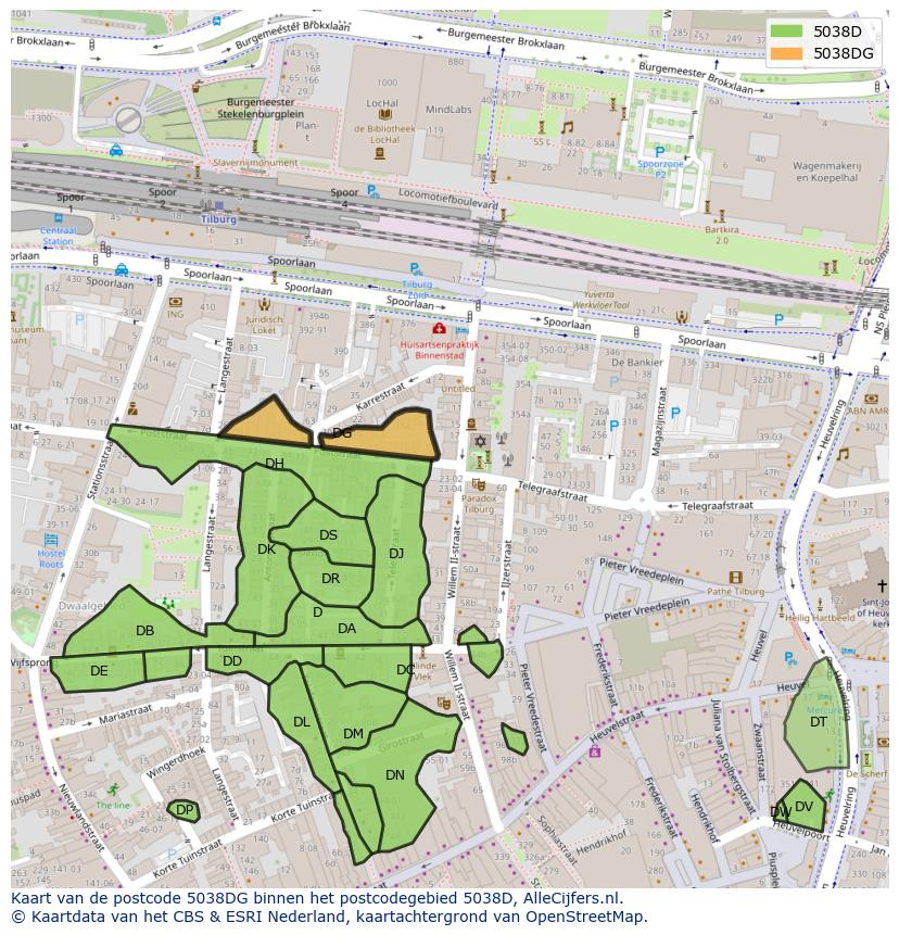 Afbeelding van het postcodegebied 5038 DG op de kaart.