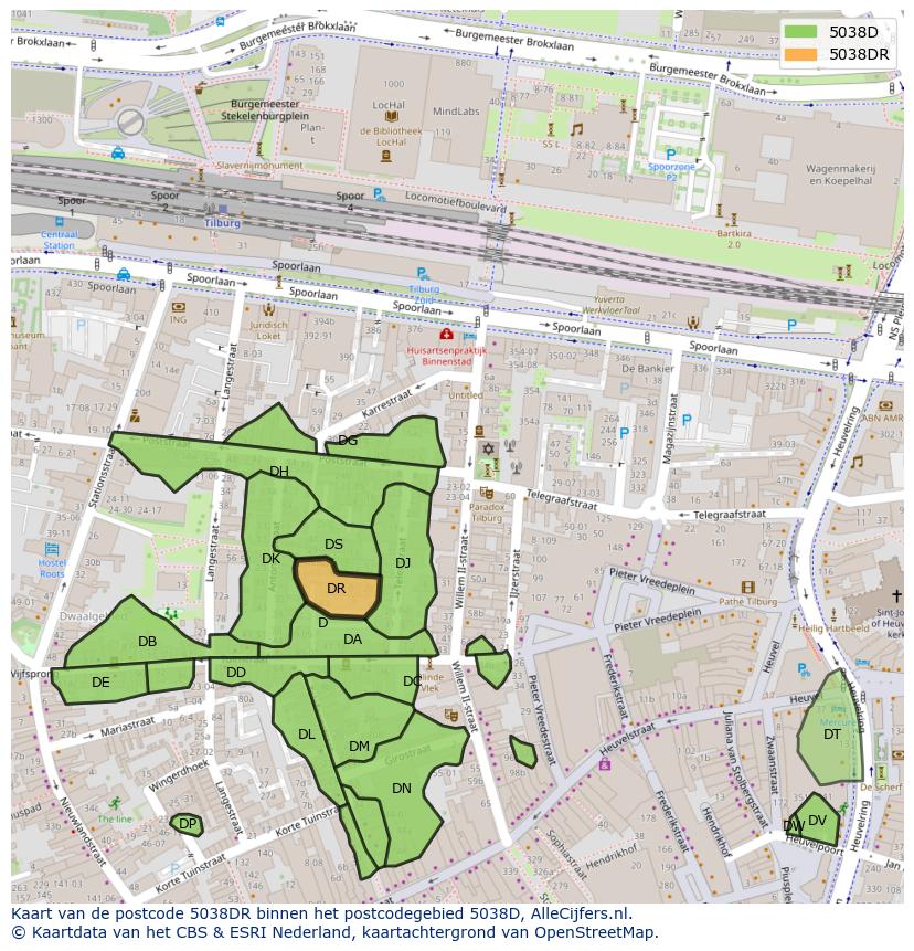 Afbeelding van het postcodegebied 5038 DR op de kaart.