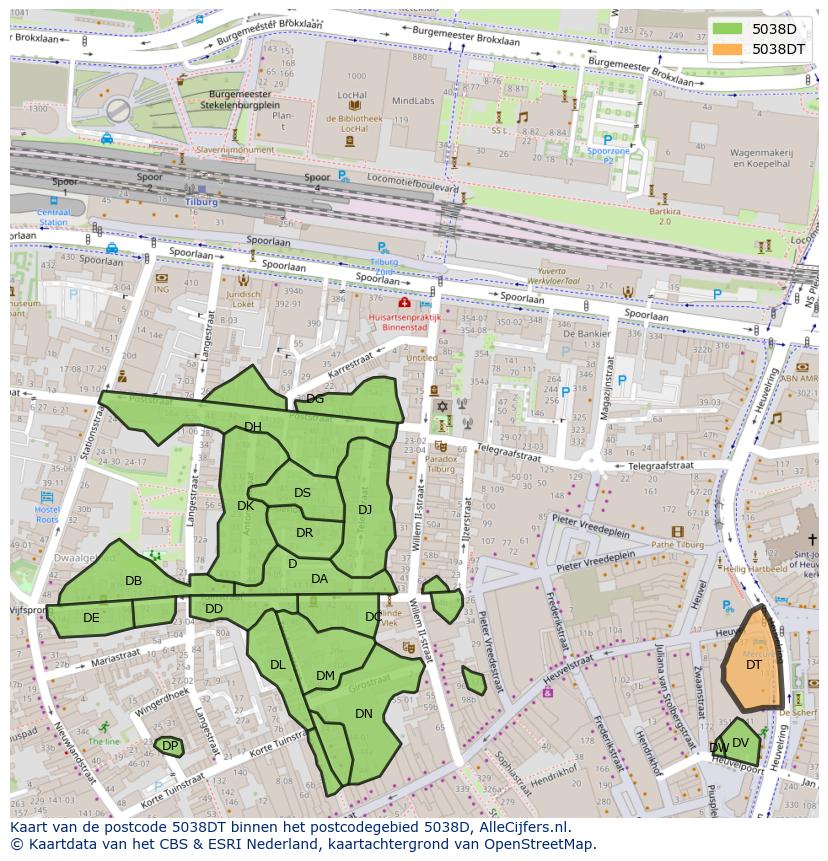 Afbeelding van het postcodegebied 5038 DT op de kaart.