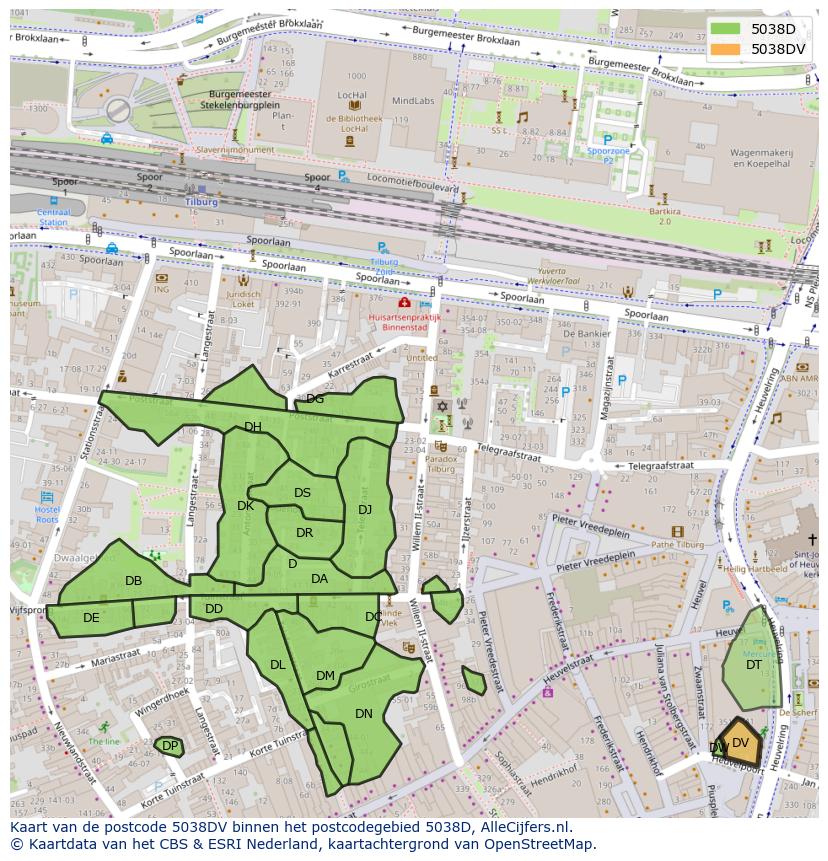 Afbeelding van het postcodegebied 5038 DV op de kaart.