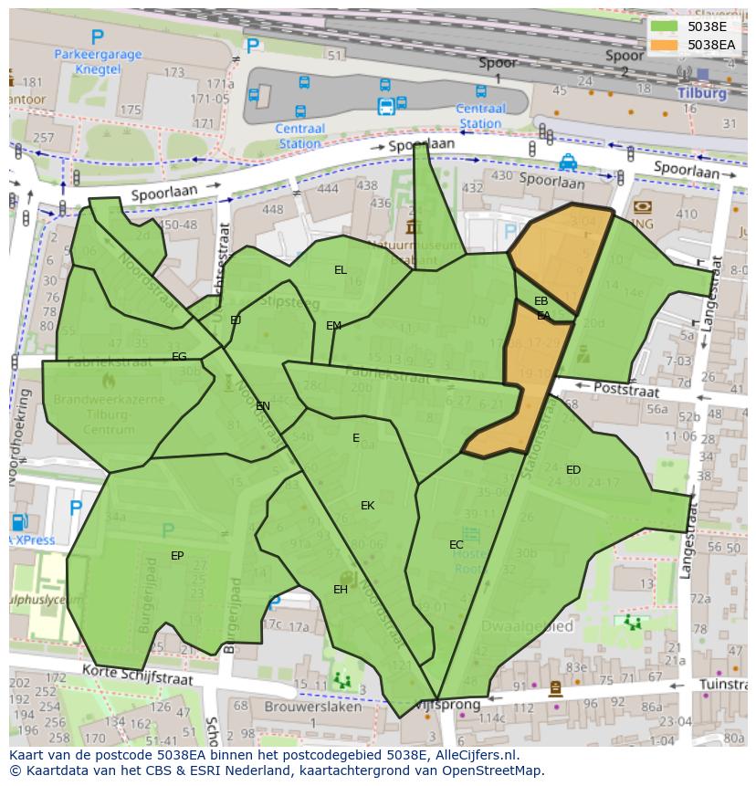 Afbeelding van het postcodegebied 5038 EA op de kaart.