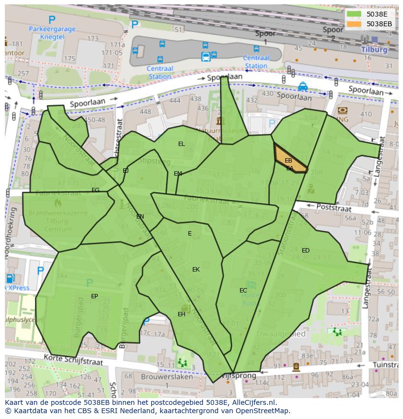 Afbeelding van het postcodegebied 5038 EB op de kaart.