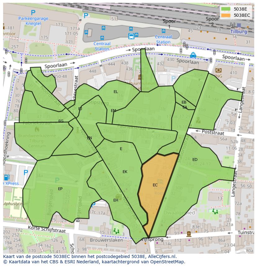 Afbeelding van het postcodegebied 5038 EC op de kaart.