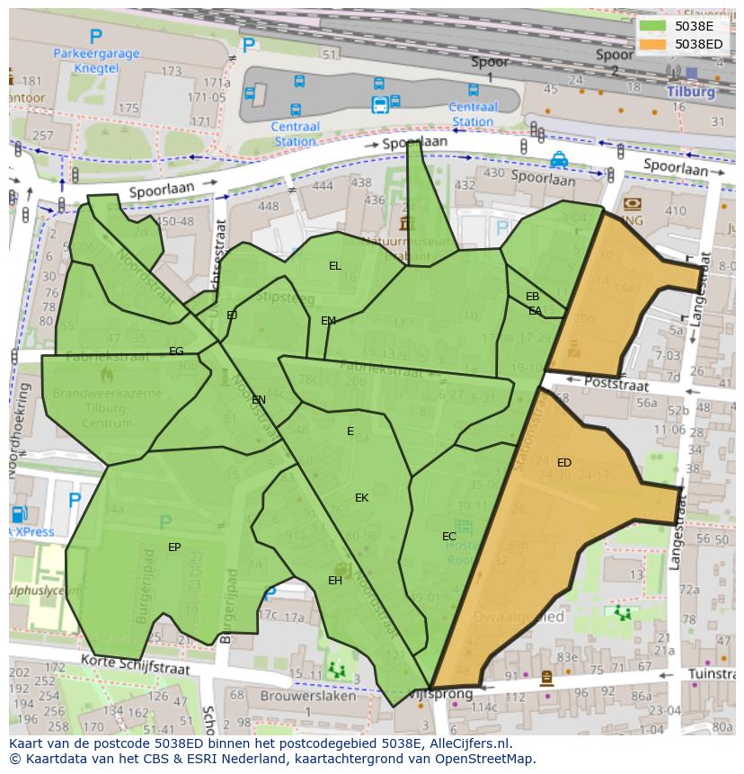 Afbeelding van het postcodegebied 5038 ED op de kaart.