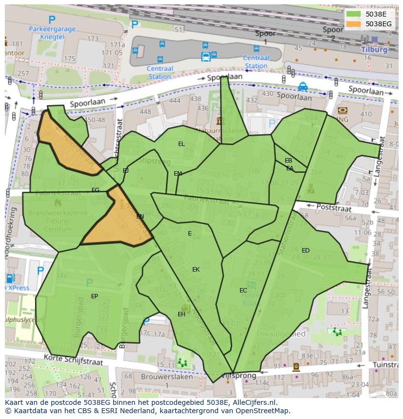Afbeelding van het postcodegebied 5038 EG op de kaart.