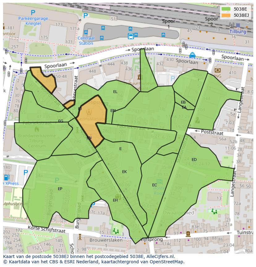 Afbeelding van het postcodegebied 5038 EJ op de kaart.
