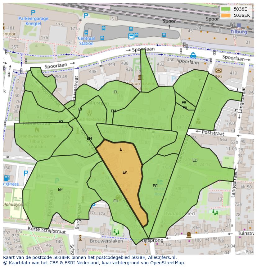 Afbeelding van het postcodegebied 5038 EK op de kaart.